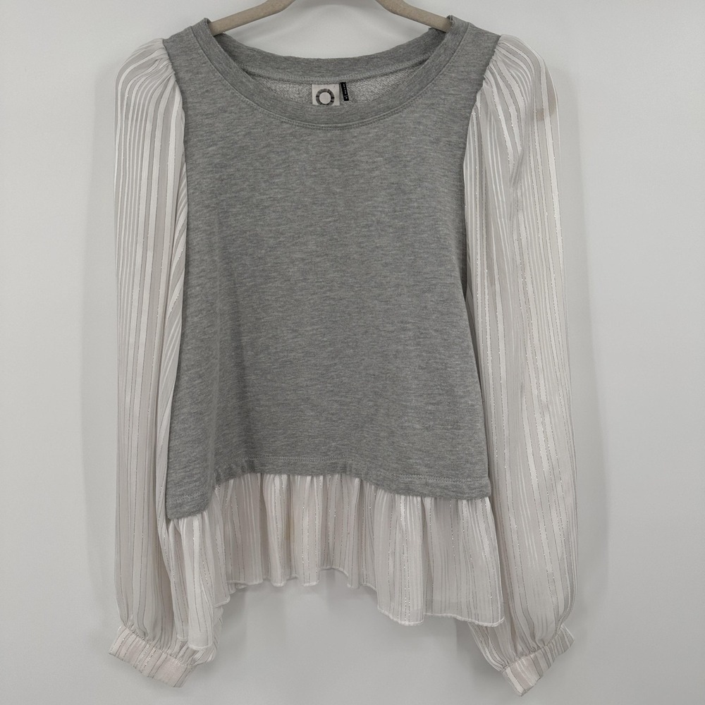 Akemi + Kin Sweatshirt Womens Medium Gray Sheer Sleeve Ruffle Hem Mixed Media